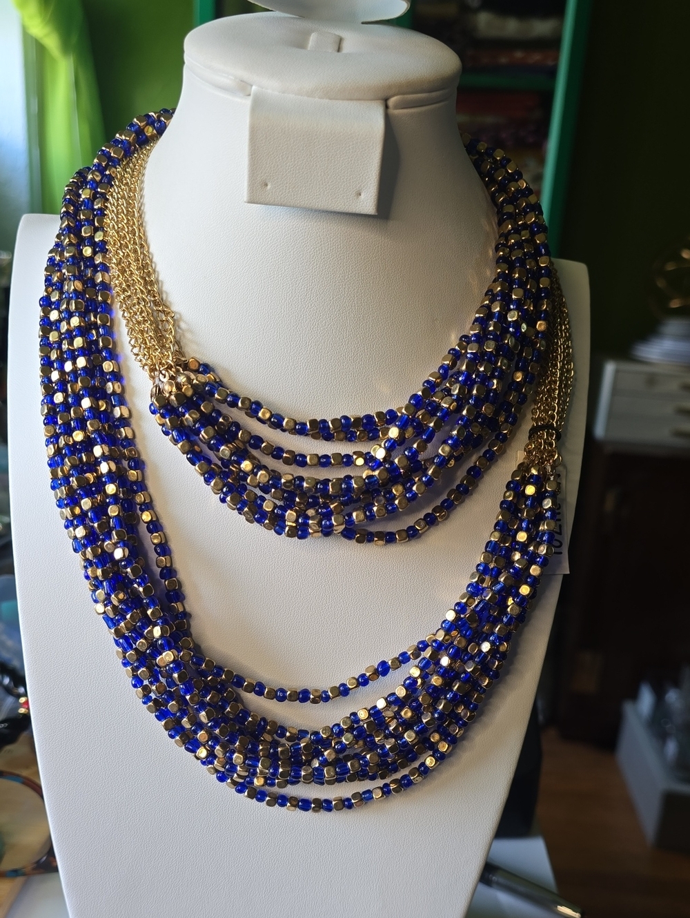 Gold and Cobalt Blue Multi-Strand Beaded Necklace - Women Jewelry